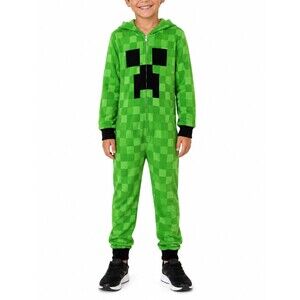 Minecraft Creepe Fleece Hooded One Piece Pajama Union Suit Green Kids Size 6/7